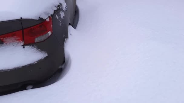 Fragmento del lado del coche cubierto de nieve y la parte trasera en el estacionamiento - Imágenes, Vídeo
