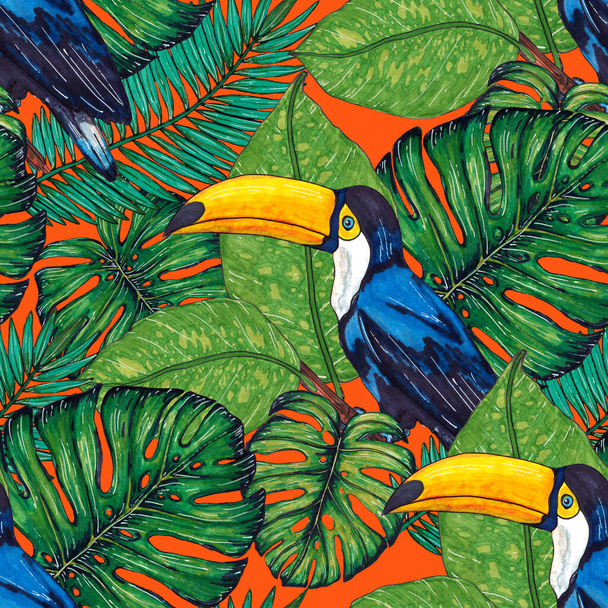 Aquarell nahtloses Muster mit Tukan. Exotische botanische Dschungeltapete mit tropischen Vögeln und Blättern. Helle Sommer Muster Hintergrund. - Foto, Bild