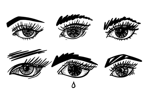Imposta l'occhio femminile con ciglia e sopracciglia, schizzo vettoriale in bianco e nero - Vettoriali, immagini