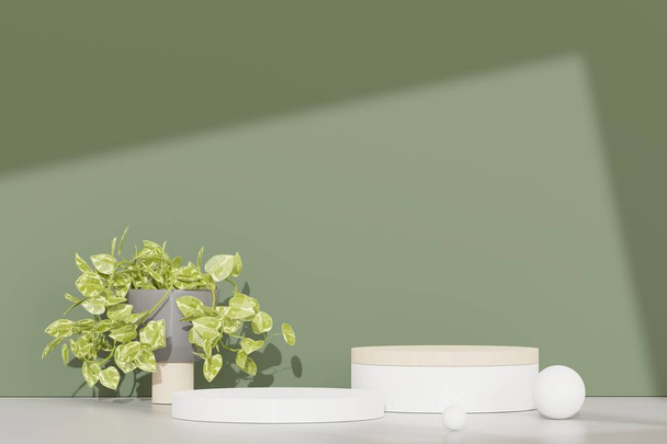 トロピカルモンスターの葉と抽象的な台座の表彰台ディスプレイの3Dレンダリング。広告のための製品とプロモーションの概念。緑の自然背景. - 写真・画像