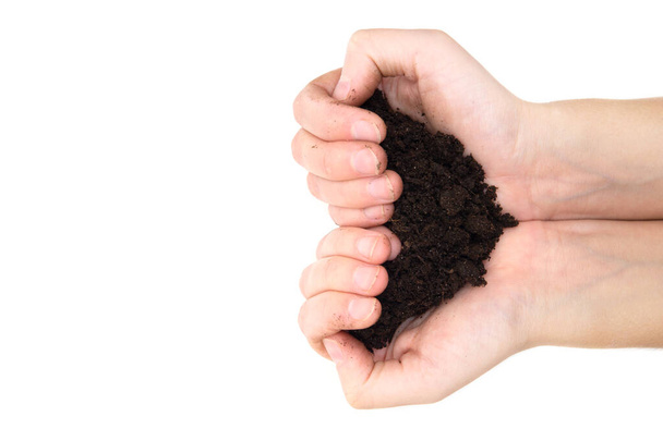 Heart symbol made of human hands holding soil isolated on white background. - Фото, зображення