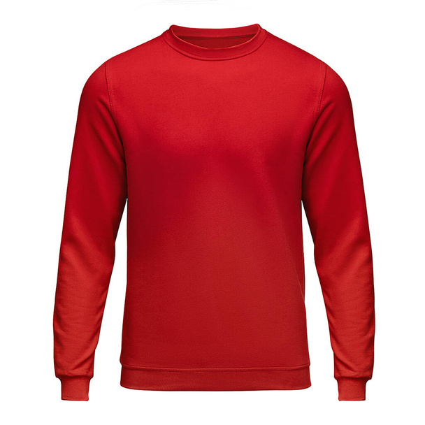 Red sweatshirt template. Pullover with long sleeve, clipping path, mockup for design and print. Mens sweatshirt front isolated on white background - Photo, Image