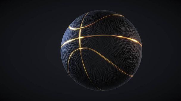 Schwarzer Basketballball mit goldenen glühenden Linien und Grübchen auf dunklem Hintergrund. Futuristisches Sportkonzept. 3D-Darstellung - Foto, Bild