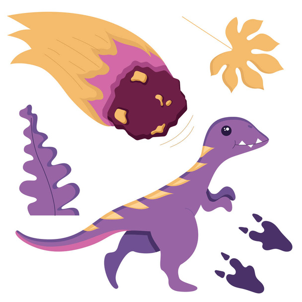 A set of cute dinosaurs for decorating the nursery, Mesozoic era stickers for children, Tyrannosaurus, Pterodactyl, Stegosaurus, Brachiosaurus, and Diplodocus in a flat style, isolated on a white. - Vector, Image