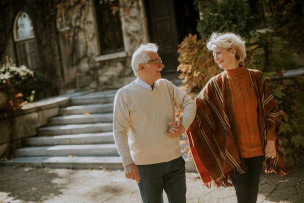 Hübsches Seniorenpaar spaziert im Herbstpark - Foto, Bild