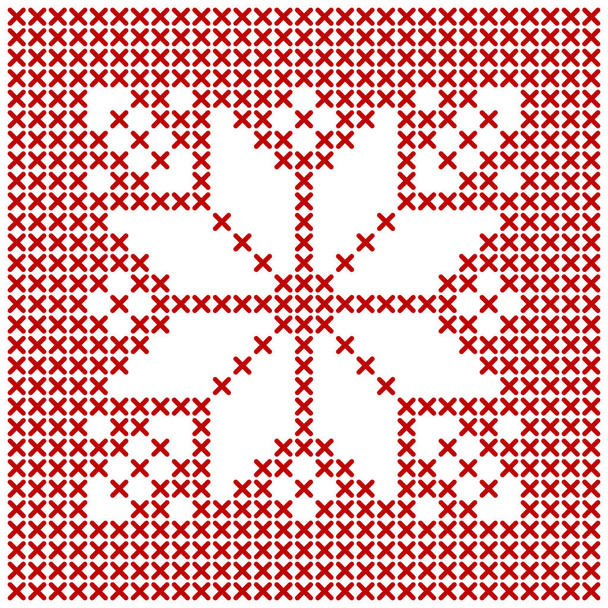 Skandinaavinen neulontakuvio. Geometrinen punertava koriste lumihiutale tähti kirjonta. Täydellinen joulun ristipiston suunnitteluun. Vektoriesimerkki - Vektori, kuva
