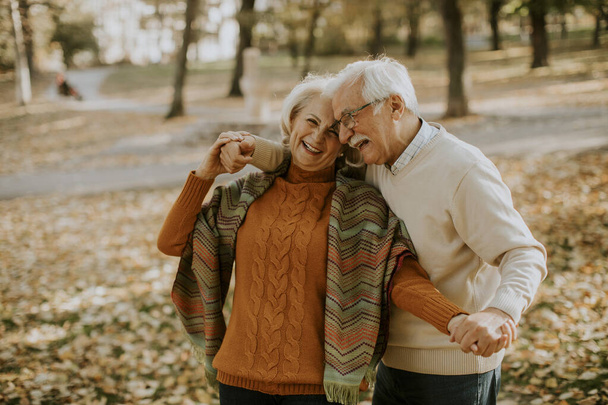 Hübsches Seniorenpaar umarmt sich im Herbstpark - Foto, Bild