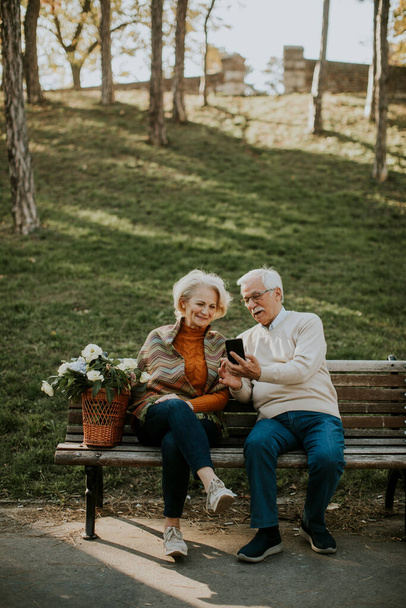 beau couple âgé assis sur le banc avec panier plein de fleurs et regardant téléphone mobile - Photo, image