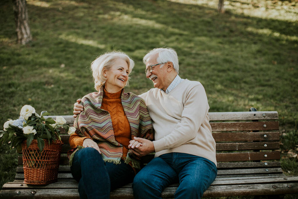 Handsome senior couple sitting on the bench with basket full of flowers and embracing - Photo, image