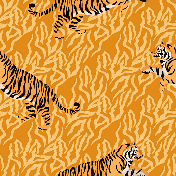 Tiger  beautiful  seamless pattern  in different colors in cartoon realistic flat style. Modern fashion print  skin design for textile, fabric, wallpaper.  Safari art style. Vector illustration - Вектор, зображення