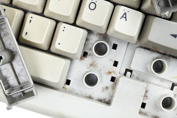 Computer keyboard with keys removed for cleaning. Dirt and dust between the keys. - Fotografie, Obrázek