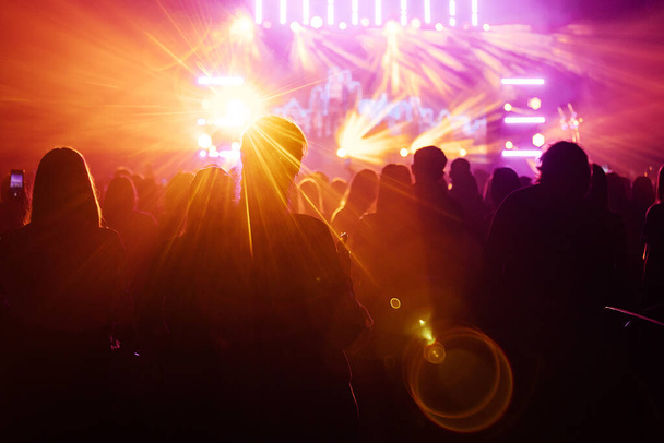 silhouette of the audience at a music concert. the happy audience dances and applauds their idols. bright multicolored spotlights illuminate the stage and the auditorium - Photo, Image