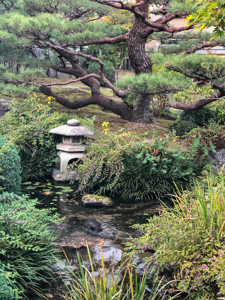 Традиционный каменный фонарь стоит рядом с прудом в официальном японском саду с пышной зеленой ландшафтной в городе Канадзава, Япония. - Фото, изображение