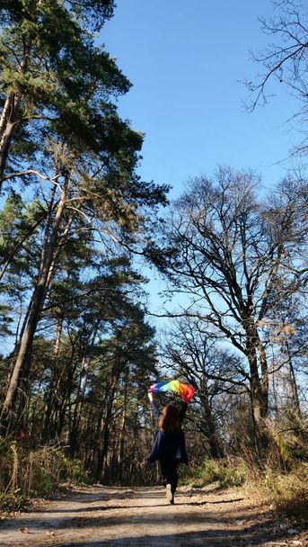 Mujer con bandera LGBT en el bosque - Foto, imagen