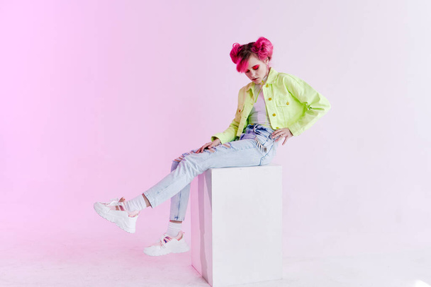 cheerful woman with pink hair creative lifestyle fun design - Valokuva, kuva