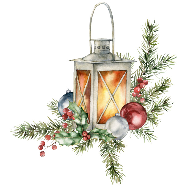提灯、クリスマスツリーのおもちゃやトウヒの枝の水彩組成。白い背景に隔離された花や植物の手描きの休日カード。デザイン、印刷、背景のためのイラスト. - 写真・画像