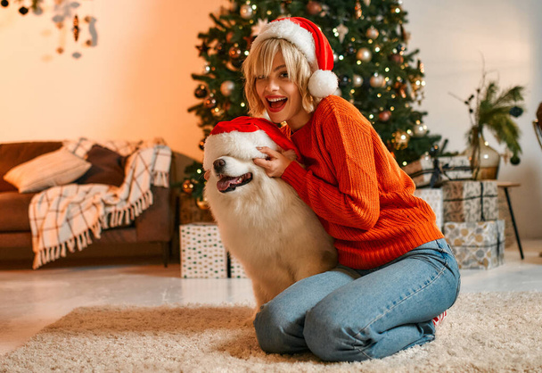 Frohe Weihnachten und ein gutes neues Jahr! Eine süße Frau sitzt neben einem schönen Weihnachtsbaum zu Hause und umarmt einen weißen flauschigen Hund mit Weihnachtsmütze, der auf den Urlaub wartet. - Foto, Bild