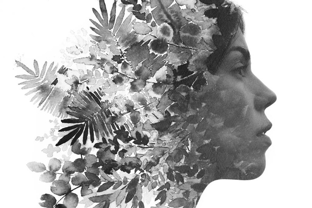 Paintography. Detailed painting of plants combined with a portrait of a thoughtful woman - 写真・画像