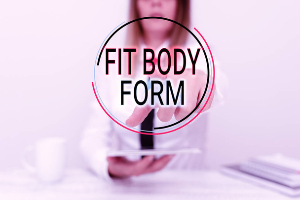 Εννοιολογική απεικόνιση Fit Body Form. Επιχειρηματική ιδέα αναφέρεται σε ένα σώμα που ευθυγραμμίζεται απόλυτα του σχήματος και του περιγράμματος Developer Συζητώντας Gadget Αναβάθμιση, Παρουσιάζοντας Τεχνικές Προδιαγραφές - Φωτογραφία, εικόνα