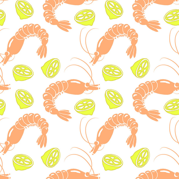 bezešvé vzory, ručně kreslené krevety s citrony, mořské plody, pastelové odstíny, textil, tapety - Vektor, obrázek