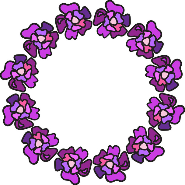 Anjer aromatische bloem gevoerd in ronde vector. Aroma violette bloesem knop bloemblaadje decoratie feestelijke vakantie of ceremonie. Bloemist botanische plant boeket versiering platte cartoon illustratie - Vector, afbeelding