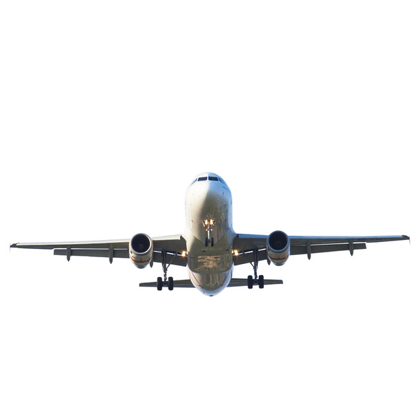 avião a jacto de passageiros preparando-se para aterrar contra o belo crepúsculo
 - Foto, Imagem