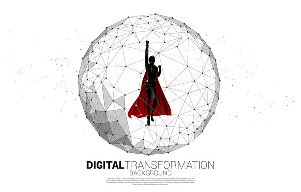 Silhouette of man in superhero suit flying with Polygon dot connect line shaped sphere . Concept for business digital transformation - Vector, Image