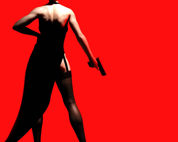 3D καθιστούν την απεικόνιση του σέξι κυρία νουάρ σε μαύρο φόρεμα και κάλτσες στέκεται με όπλο σε κόκκινο φόντο. - Φωτογραφία, εικόνα
