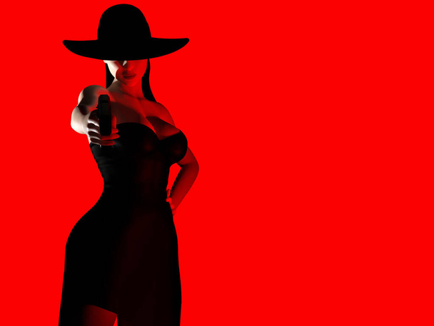 3d maken illustratie van sexy spion dame richten pistool in zwarte jurk op rood gekleurde achtergrond. - Foto, afbeelding