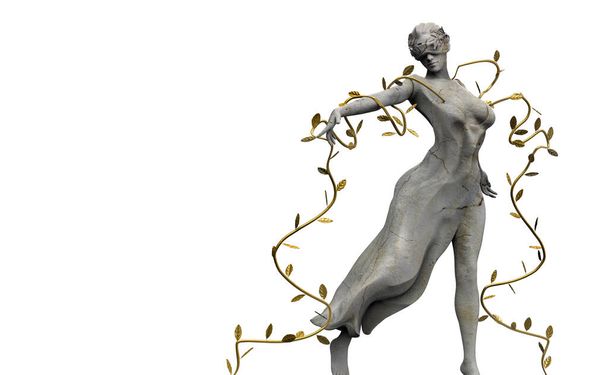 Ilustración de renderizado 3d aislado de mármol griego naturaleza ninfa diosa estatua con hojas de oro de pie en pose de baile sobre fondo blanco. - Foto, imagen