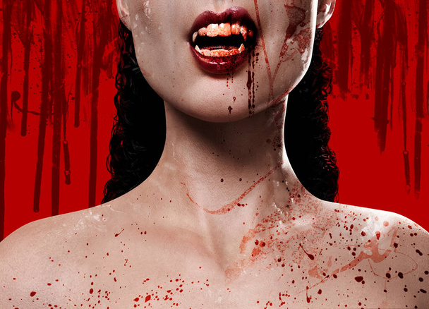 3d render illustration of sexy female vampire face covered in blood splatter on red background. - Photo, Image