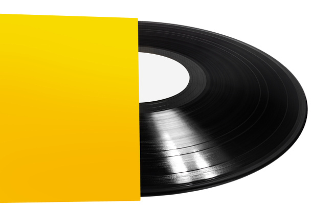 Photo de plaque de vinyle noir avec couvercle jaune posé sur fond blanc. - Photo, image