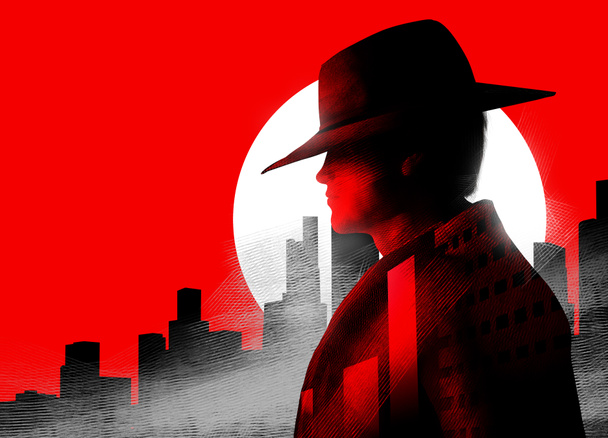 3D profil portresi, kırmızı renkli şehir manzarasında parlayan ay arkaplanlı şapkalı bir dedektif resmi.. - Fotoğraf, Görsel