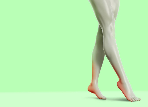 3D-Darstellung weiblicher Beine im Stehen mit schmerzhafter Waden-, Knöchel- und Fußpartie auf grünem Hintergrund. - Foto, Bild