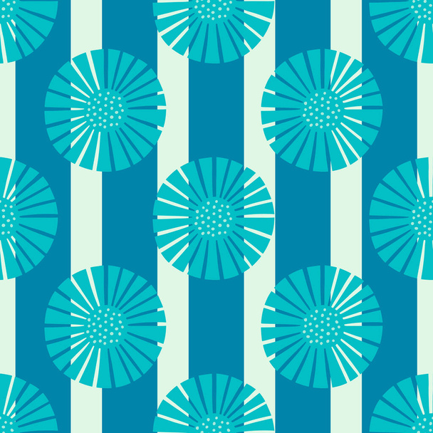 Seamless pattern abstract flowers on striped bright blue white background. Vintage texture of plants for textile design. Geometric template print for any purpose. Simple vector fabric ornament. - Vector, Image