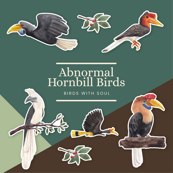 Šablona samolepky s pojetím hornbill bird, akvarel styl - Vektor, obrázek