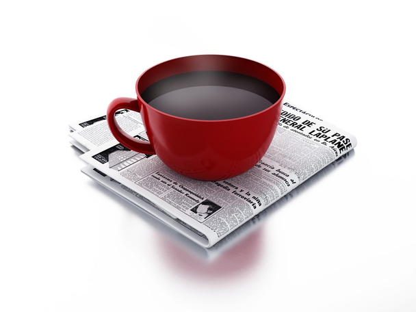 csésze kávé újság fehér háttér elszigetelt. reggel  - Fotó, kép
