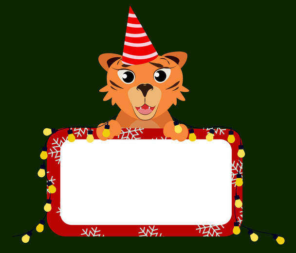  vector illustration of a tiger with a Christmas garland and a place for text, in a Christmas style, on a dark green background - Vector, Image