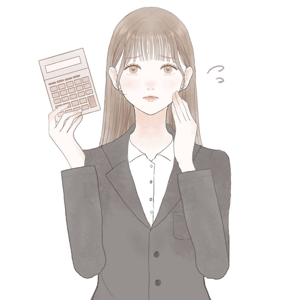 Woman in troubled suit holding calculator. On white background. - Vector, Image