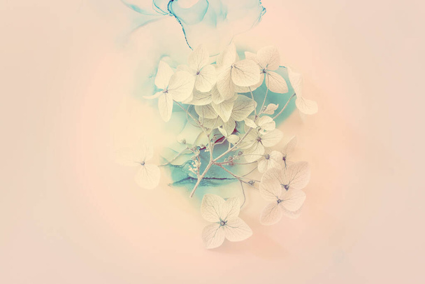 Creative image of pastel blue Hydrangea flowers on artistic ink background. Top view with copy space - Foto, Bild