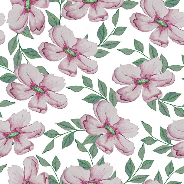 pink watercolor flowers and a green twig blooming in summer and spring pattern.seamless - Photo, image