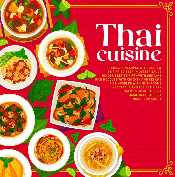 Tajskie menu obejmuje szablon kuchni. Mieszać smażoną wołowinę w sosie ostrygowym i curry z grzybami, łososia, bazylii i imbiru, smażony ananas z nerkowcem, makaron z grzybami, kurczaka i sezamu - Wektor, obraz