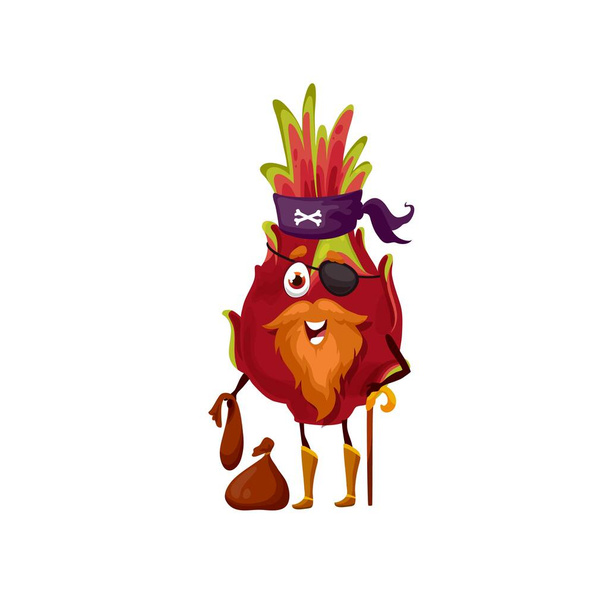 Dragonfruit pirát emotikon s páskou přes oko, poklady mince v tašce, hák ruka izolované kreslené postavě. Vektorová červená pitaya, exotický tropický ovocný korzár bukanýr, kapitán s legračními kníry - Vektor, obrázek