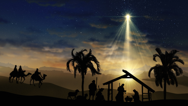 Kıvılcımlar saçan yıldızlı Noel Sahnesi ve İsa 'nın doğumu karakterleriyle daha parlak Bethlehem yıldızı. Hayvanlar ve ağaçlar. Yıldızlı gökyüzünün altında ve hareket eden ince bulutların altında İsa 'nın doğuşu hikayesi. - Fotoğraf, Görsel