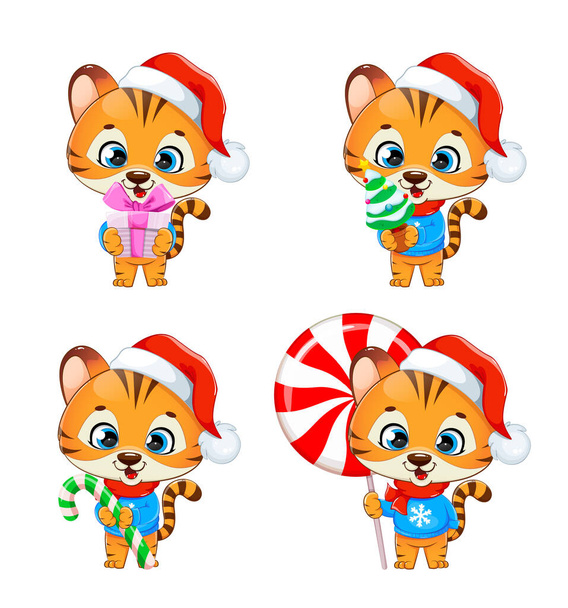 Feliz Navidad. Lindo cachorro de tigre en el sombrero de Santa, conjunto de cuatro poses. Bebé tigre personaje de dibujos animados. Stock ilustración vectorial sobre fondo blanco - Vector, imagen