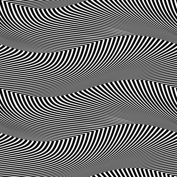 Bezproblémový vzor černě bílých abstraktních pruhovaných vln. Optická iluze pulzující opakovatelná textura zkreslených čar. - Vektor, obrázek