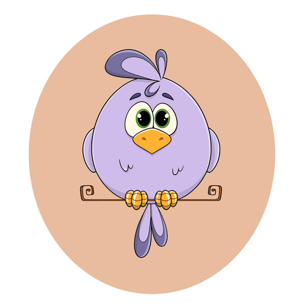 A cute painted purple parrot with bright feathers and a tuft sits on a perch. A tropical bird. A feathered chick. Macaw parrot. A pet. A wild bird. Funny children's character. Vector - Vetor, Imagem