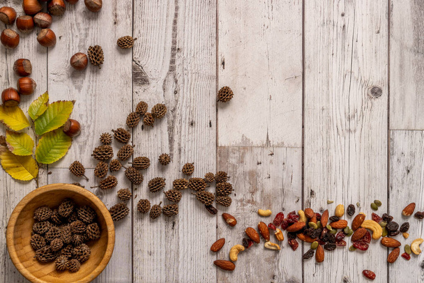Beautiful autumn still life with dried fruits and hazelnuts with deciduous leaves - Photo, Image