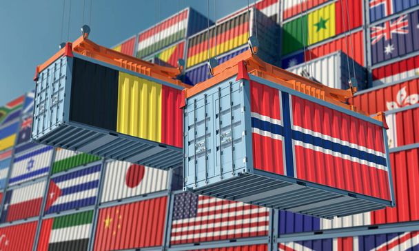 Vrachtcontainers met Belgische en Noorse nationale vlaggen. 3D-weergave  - Foto, afbeelding