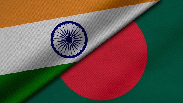3D-рендеринг двух флагов Индии и Народной Республики Бангладеш вместе с текстурой ткани, двусторонними отношениями, миром и конфликтом между странами, отлично подходит для фона - Фото, изображение